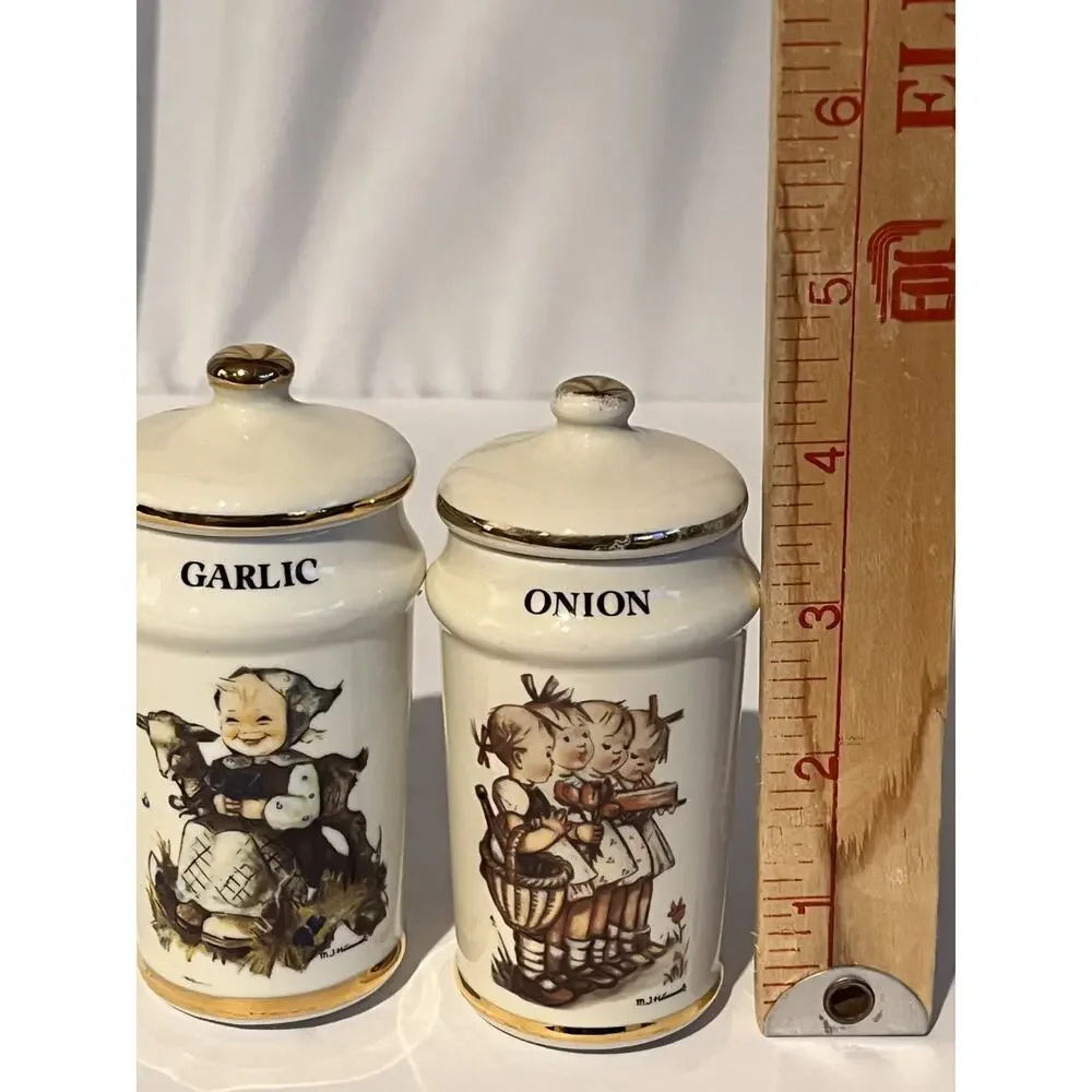 Vintage M.J. Hummel Onion & Garlic Porcelain Spice Jars Gold Trim Set of 2